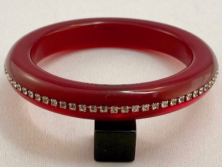 LG44 ruby red lucite moonstone bangle with rhinestone trim